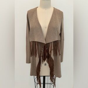 Ruby Rd Cardigan Beige Waterfall Lapel Open with Faux Brown Leather Fringe L